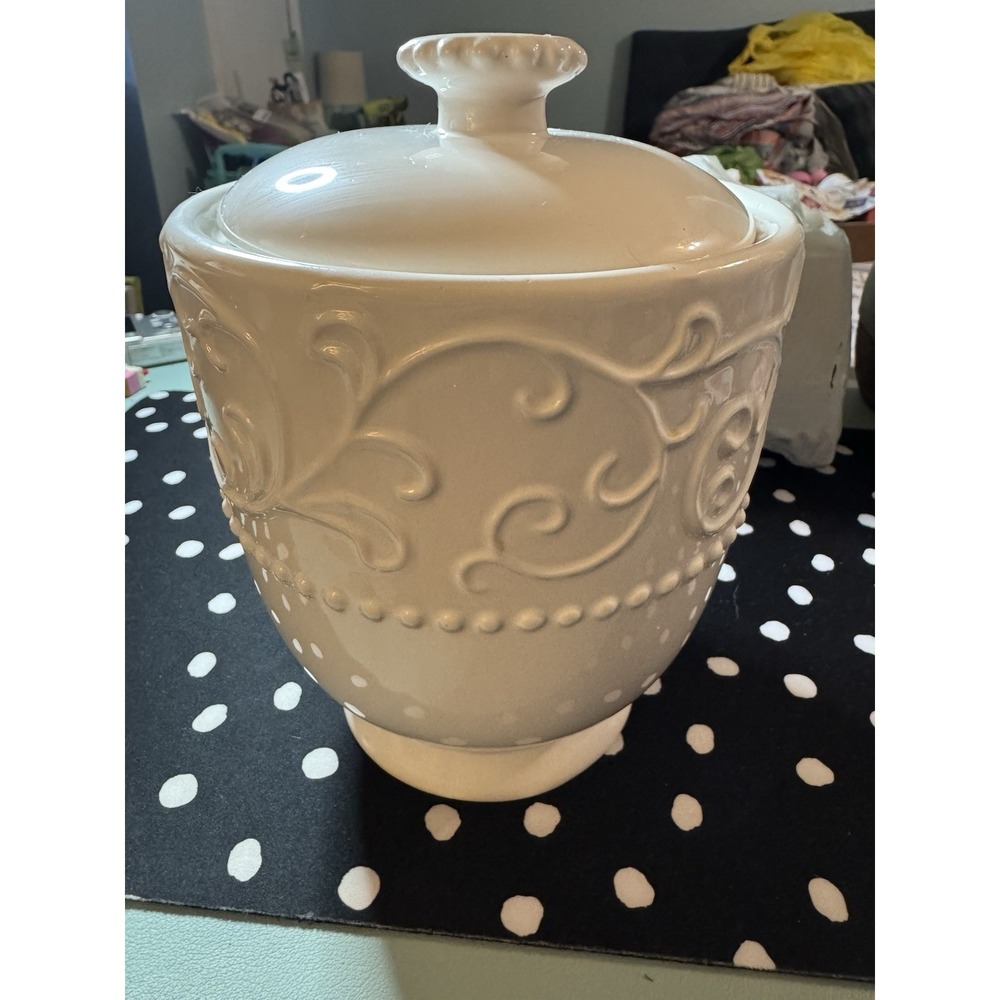 American Atelier Bianca Scroll White Large Ceramic Cannister With Lid